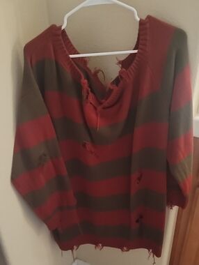 Chic Off-the-Shoulder Striped Red and Brown Freddy Krueger Inspired Sweater ❤️🤎